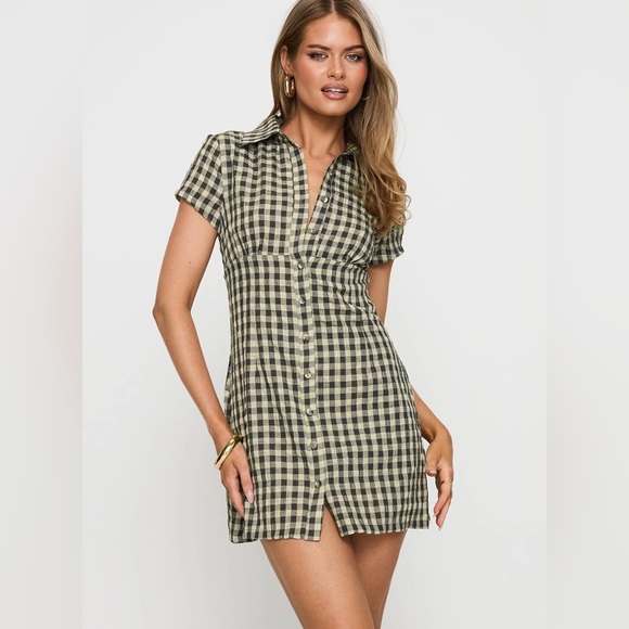 Princess Polly Dresses & Skirts - NWT Princess Polly Motley Mini Dress Brown Check Shirt Dress